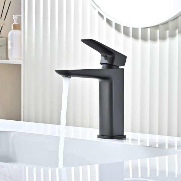 Matte black bathroom faucet with single hole luxury modern sleek design main photo display in different angle 2