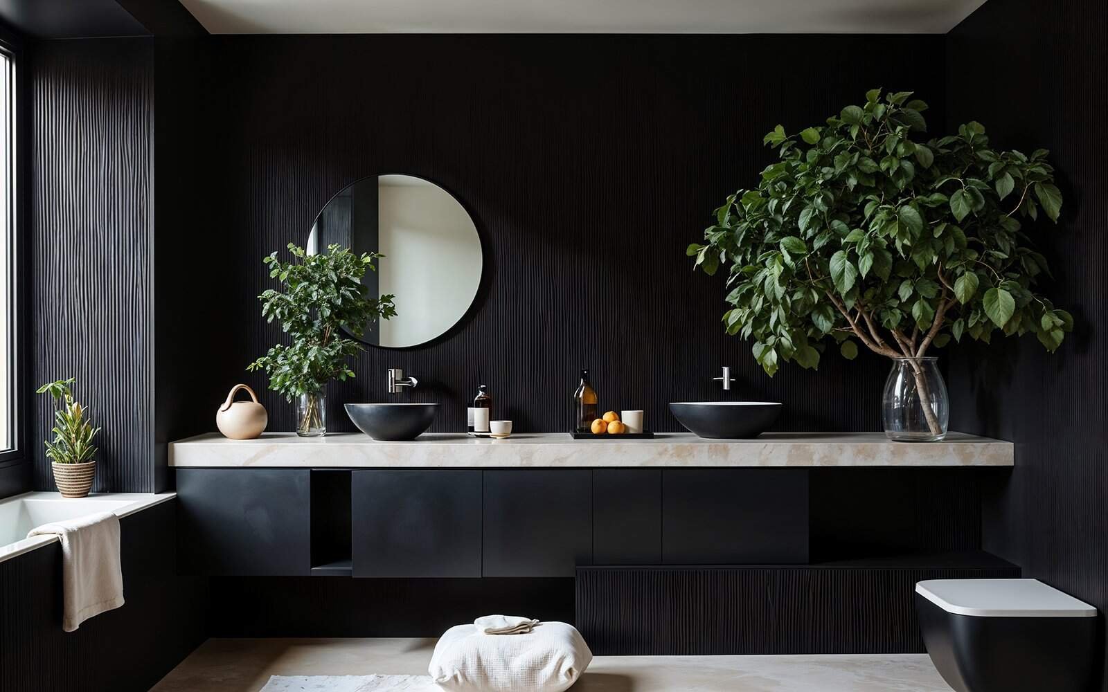 A biophilic bathroom with a luxury shower A biophilic bathroom with a luxury shower