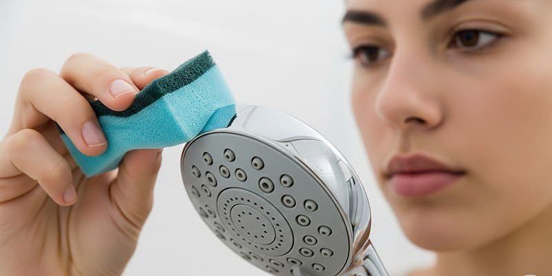 A hand wiping down a showerhead nozzle, demonstrating routine maintenance to prevent mineral buildup and ensure optimal water flow.