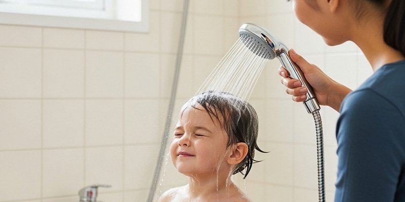 A handheld showerhead being used to easily rinse a child's hair, highlighting its flexibility and kid-friendly design