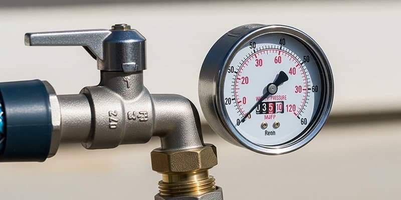A water pressure gauge attached to an outdoor hose bib, displaying the home's current water pressure in PSI.
