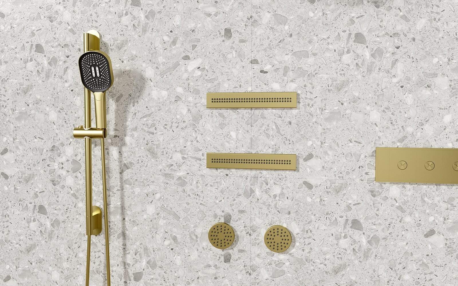 Brushed Gold concealed shower system with body jets