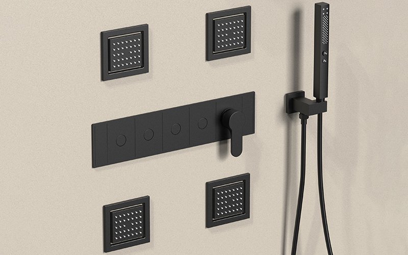 Matte black 4-way shower system with 4-body jets