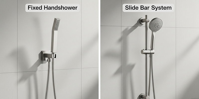a fixed hand shower and a handshower with a slide bar