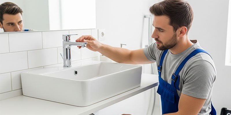 a plumber installing a bathroom faucet
