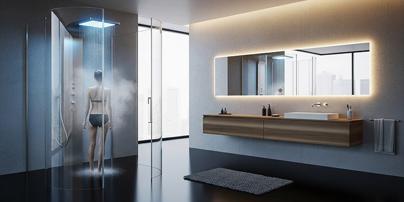 A bathroom scene where a person is in a glass shower