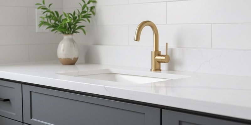 A brushed gold bathroom faucet installed onto a black cabinet