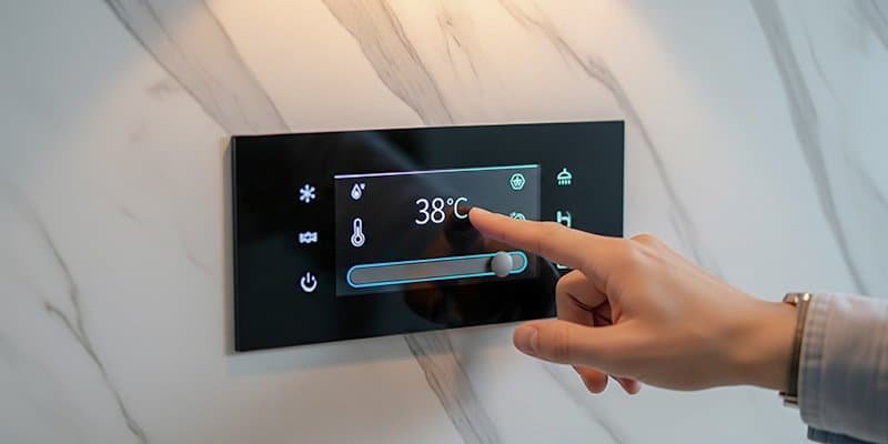 A close up shot of a sleek matte black digital shower control panel on a marble wall