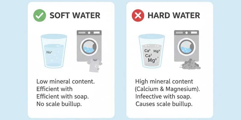 A diagram or infographic visually explaining the concept of hard water.