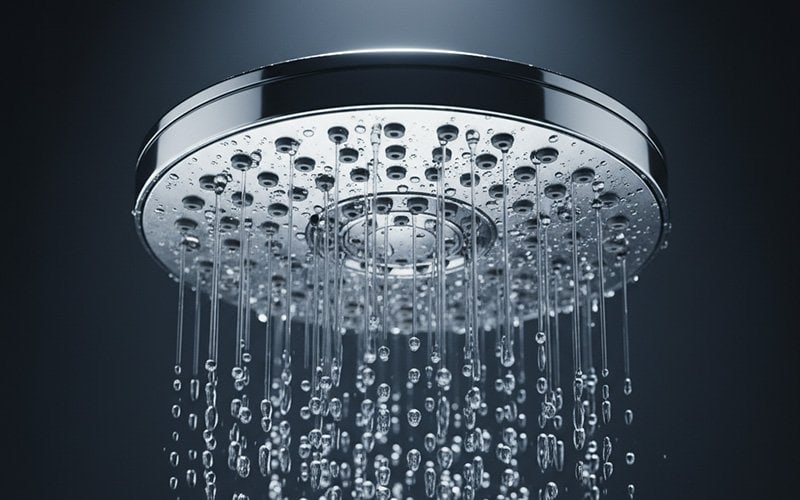A dramatic, artistic close-up shot of a modern, chrome shower head. Water droplets A dramatic, artistic close-up shot of a modern, chrome shower head. Water droplets - The Ultimate Shower Heads Purchasing Guide