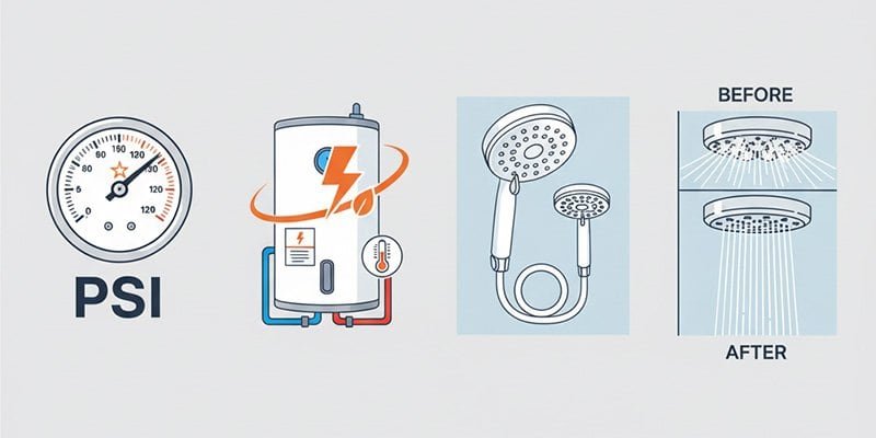 A four-panel graphic. Panel 1: A pressure gauge labeled "PSI." Panel 2: A water heater with an energy symbol. Panel 3: A collage of different shower head types (rain, handheld, fixed). Panel 4: A before-and-after shot of a clogged vs. clean shower nozzle.