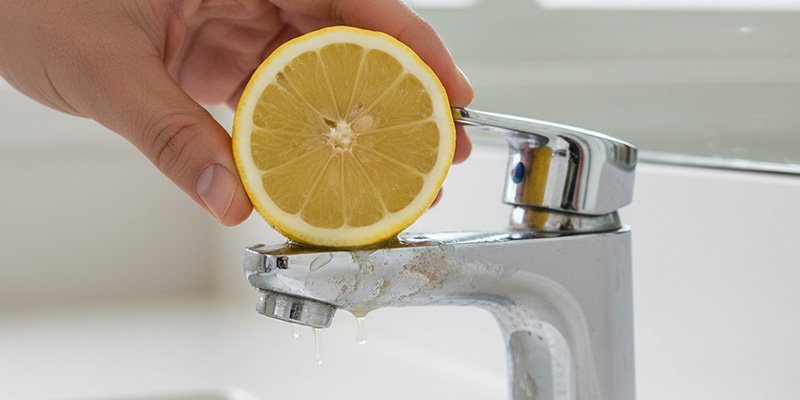 A half lemon directly onto the stained bathroom faucet surface