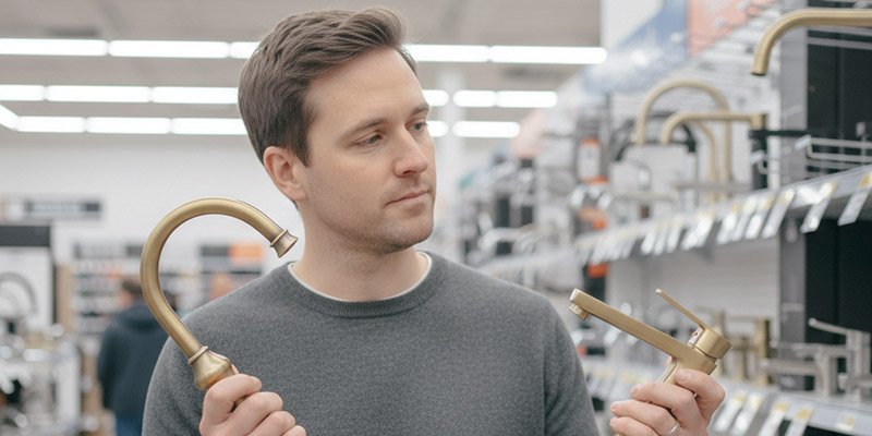 A man comparing a antique brass and brushed gold faucet
