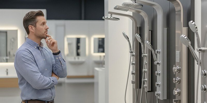 A man looks thoughtfully at shower system samples