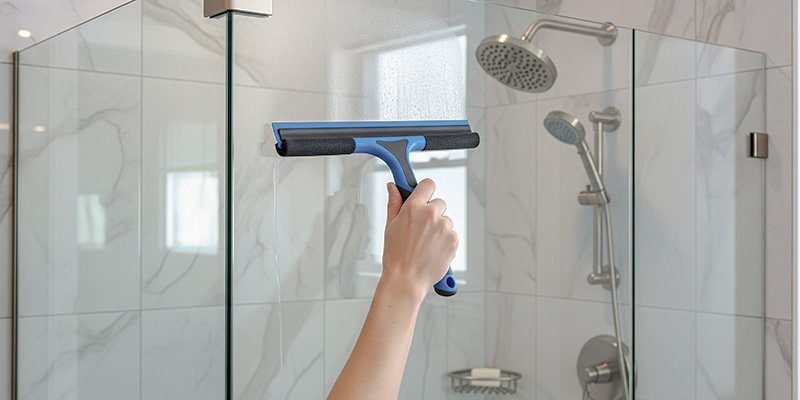 A person is wiping down glass shower door