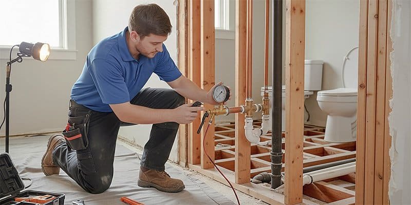 A professional plumber using a pressure gauge on a pipe inside an open wall during a bathroom renovation
