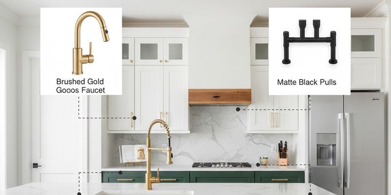 A "Shop the Look" style collage. The main image shows a beautiful kitchen with mixed metals (e.g., gold faucet, black hardware, stainless appliances). Surrounding it are smaller product shots of the individual elements, demonstrating the principle of a dominant metal with accents.