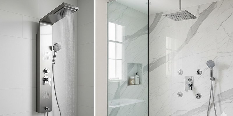 A side by side comparison of shower panel and luxury shower system