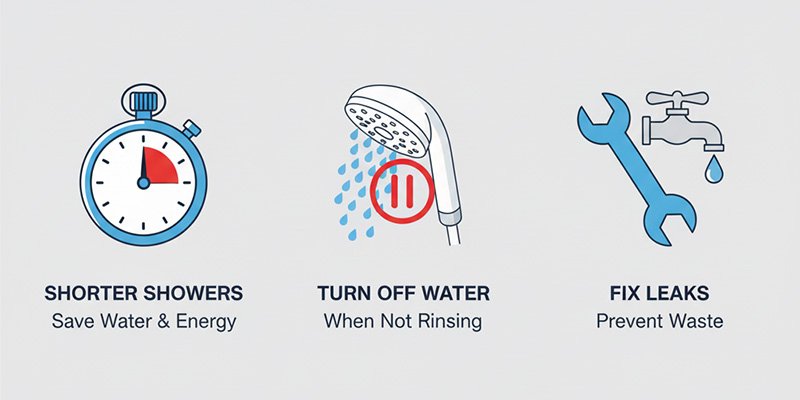 A simple icon-based list showing a stopwatch (shorter showers), a "pause" symbol over a shower head (turn off water), and a wrench fixing a dripping faucet (fix leaks).