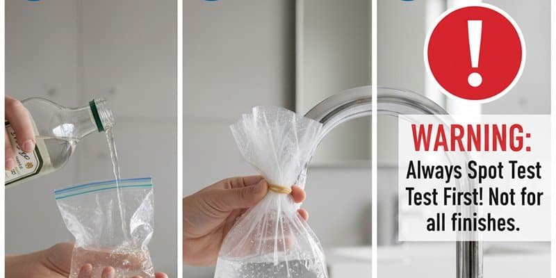 A step-by-step photo collage. 1) A plastic bag being filled with a vinegar solution. 2) The bag secured over a crusty faucet spout with a rubber band. 3) The clean, sparkling faucet after the soak. A large red "WARNING" icon could be overlaid with text: "Always Spot Test First! Not for all finishes."