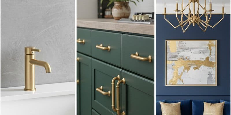 A triptych of images showcasing brushed gold in three distinct design styles: a minimalist bathroom with a sleek gold faucet against a micro-cement wall, a rustic farmhouse kitchen with gold cabinet pulls on dark green cabinets, and a glamorous living room with a gold-accented light fixture above a velvet sofa.