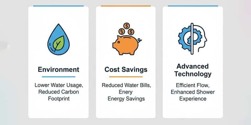 A vibrant infographic highlighting the triple benefits of a 1.75 GPM shower head: an icon of a water droplet with a leaf inside (Environment), a piggy bank (Cost Savings), and a gear/brain icon (Advanced Technology).