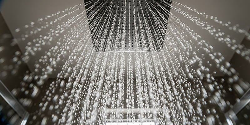 A wide angle photo taken from inside a shower