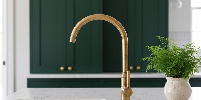 An antique brass faucet is installed on a white marble countertop