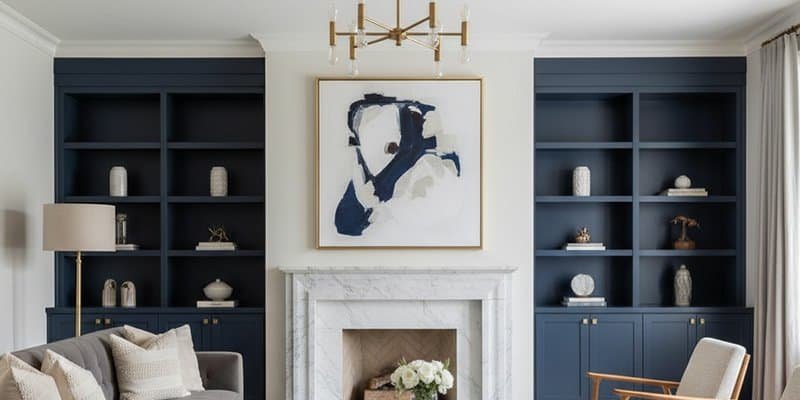 An aspirational shot of a well-designed space that feels both current and timeless. For example, a living room with a classic marble fireplace, modern furniture, and subtle brushed gold accents in the lighting and a picture frame.