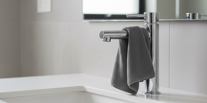 A clean, dry microfiber cloth hanging elegantly next to a sparkling, pristine faucet on a clean countertop.