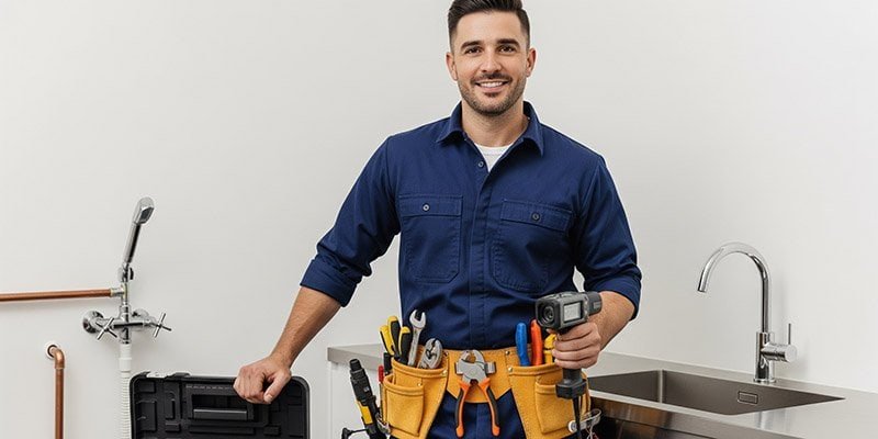 a confident professional plumber with their tools