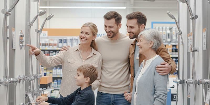 a family is choosing shower system