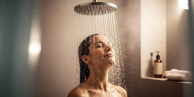 A photo of a person luxuriating under a powerful, wide stream of water, clearly enjoying the invigorating experience.