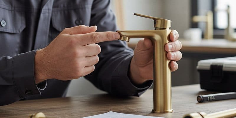 a plumber with a brushed gold faucet