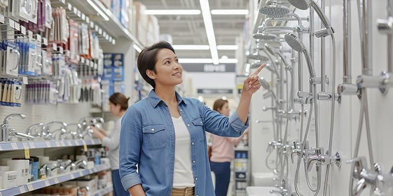 a woman is choosing a shower faucet in a store
