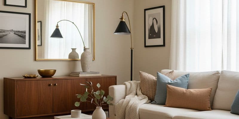 A final, beautiful "real home" shot. A comfortable, stylish living space that feels authentic and personal, with subtle, elegant gold accents that feel integrated and loved, not just trendy.